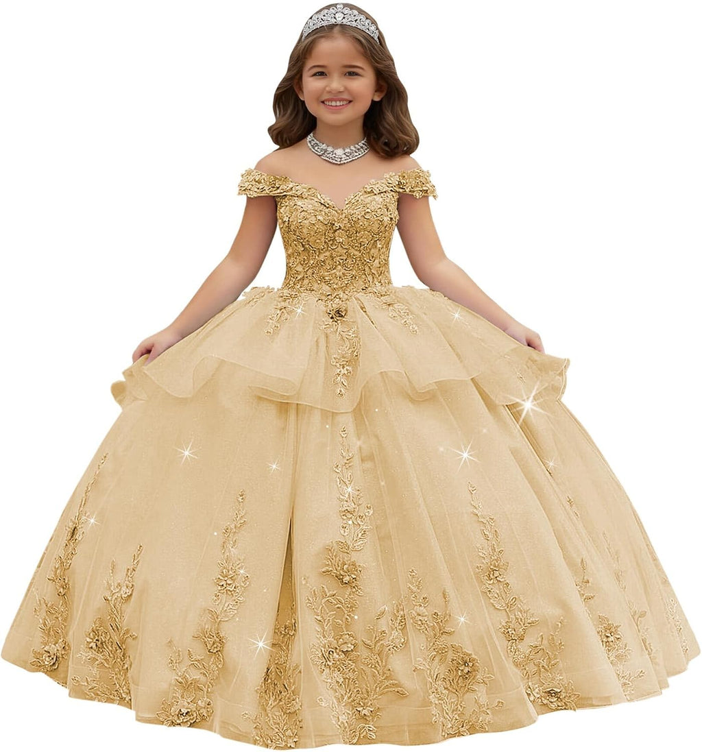 Crystal Lace Applique Flower Girl Dress Layered 3D Floral First Communion Dresses Off Shoulder Girls Pageant Dresses