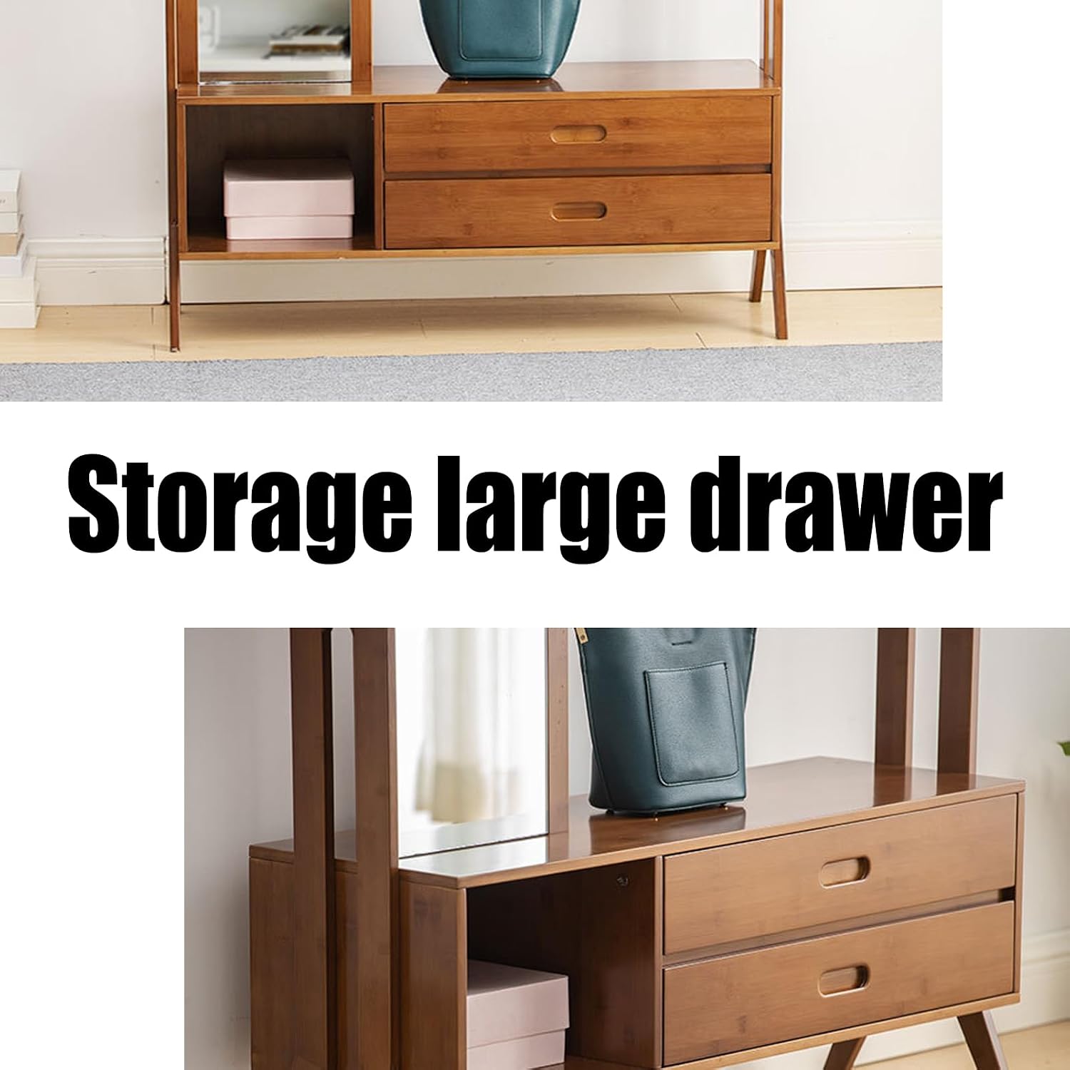 Bamboo Garment Rack with Mirror&Drawers, Freestanding Wooden Clothes Hanger with Hooks, Heavy Duty Coat Rack with Shelves, Multifunctional Open Wardrobe Closet Organizer for Entryway Bedroom (B)