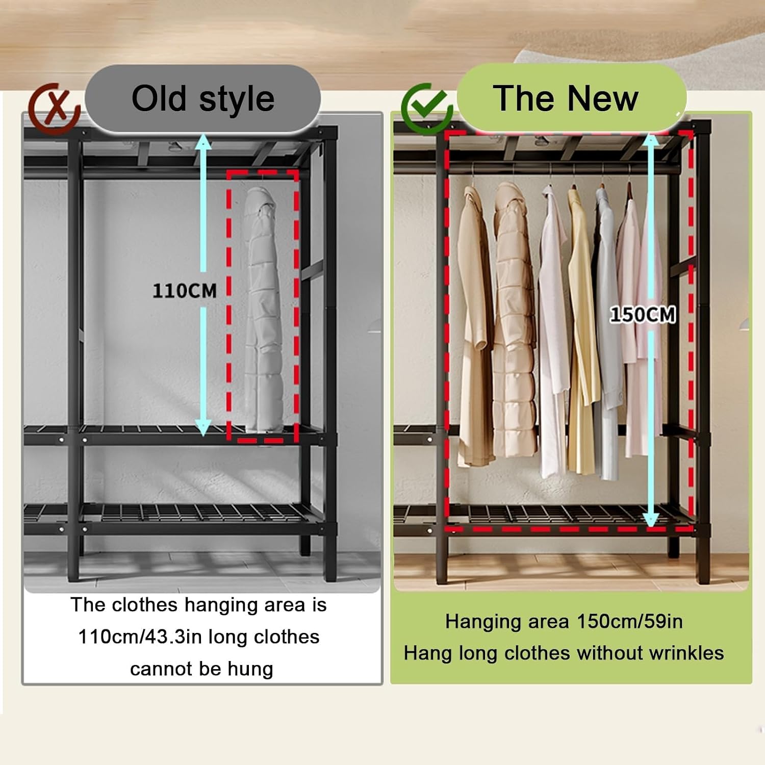 Portable Closet, Wardrobe Clothes Organizer, Heavy Duty Foldable Wardrobe Load 2000lbs, Freestanding Metal Clothing Rack, Rolling Garment Rack With Wheel, Covered Clothes Armoires Bedroom(150*52*180cm