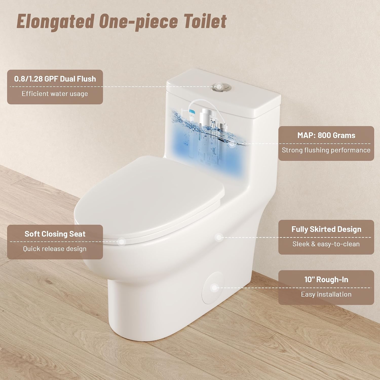 DeerValley Elongated One Piece Toilet, Dual Flush 0.8/1.28 GPF Toilet with Comfortable Seat Height, Powerful & Quiet Modern Standard Toilet for Bathroom, 10' Rough-In