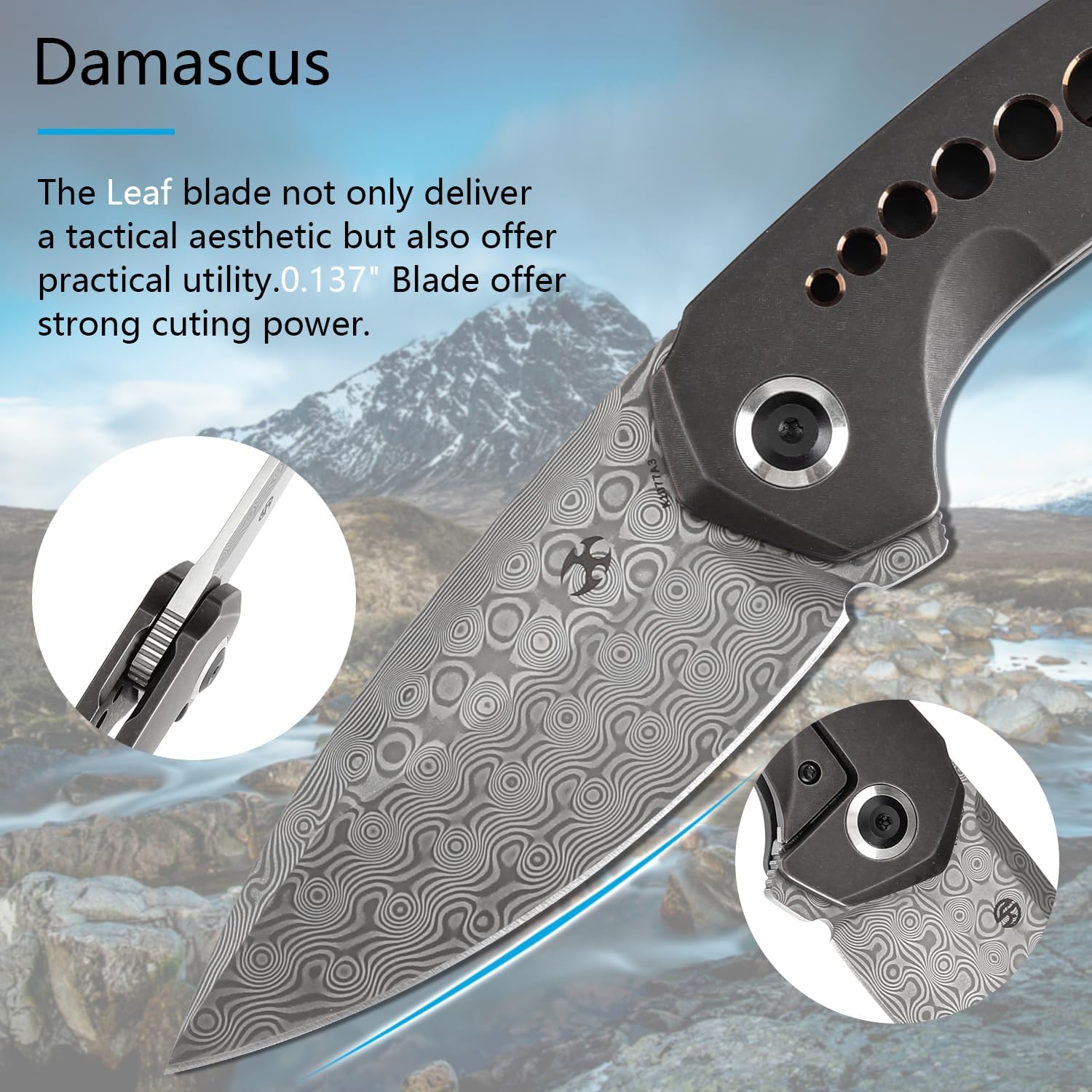 KANSEPT ODD 21 Pocket Folding Knives for Camping Hiking Folding Knife 3.06'' Damascus Blade EDC Knife with Blackwash Titanium with Bronze Anodized Handle for Men and Women Everyday Carry K1077A3