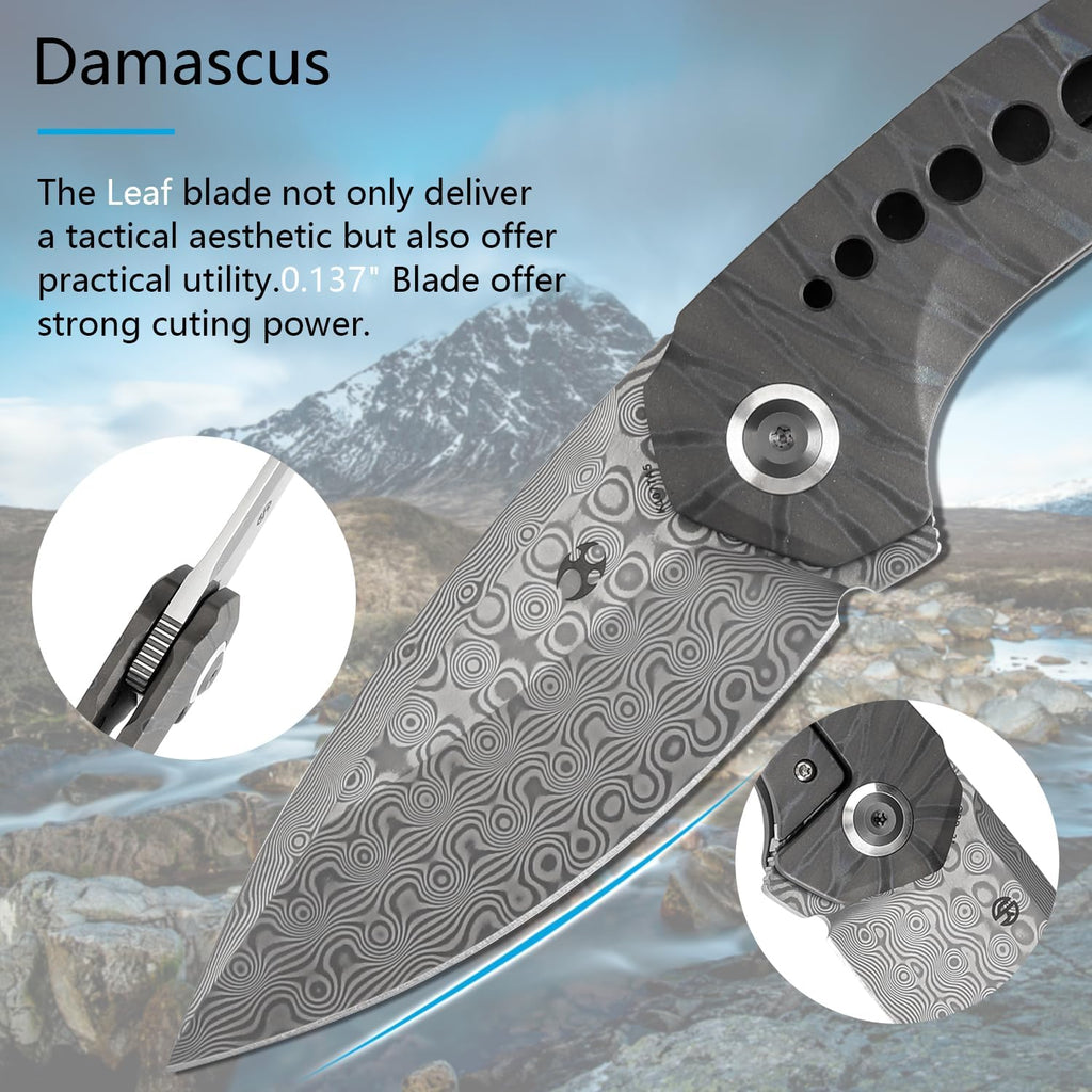 KANSEPT ODD 21 Pocket Folding Knives for Camping Hiking Folding Knife 3.06'' Damascus Blade EDC Knife with Titanium with Tiger Stripe Finish Handle for Men and Women Everyday Carry K1077A5