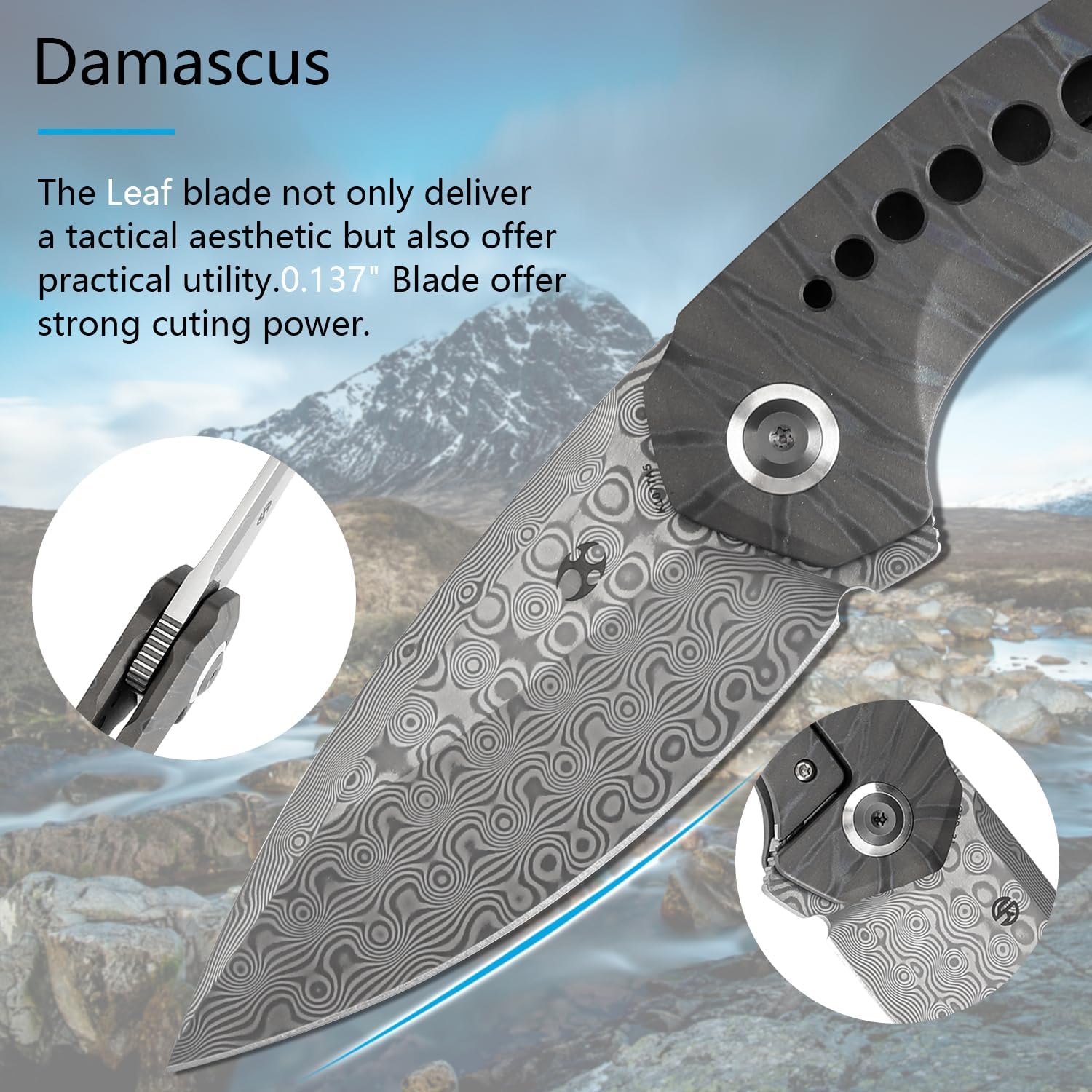 KANSEPT ODD 21 Pocket Folding Knives for Camping Hiking Folding Knife 3.06'' Damascus Blade EDC Knife with Titanium with Tiger Stripe Finish Handle for Men and Women Everyday Carry K1077A5