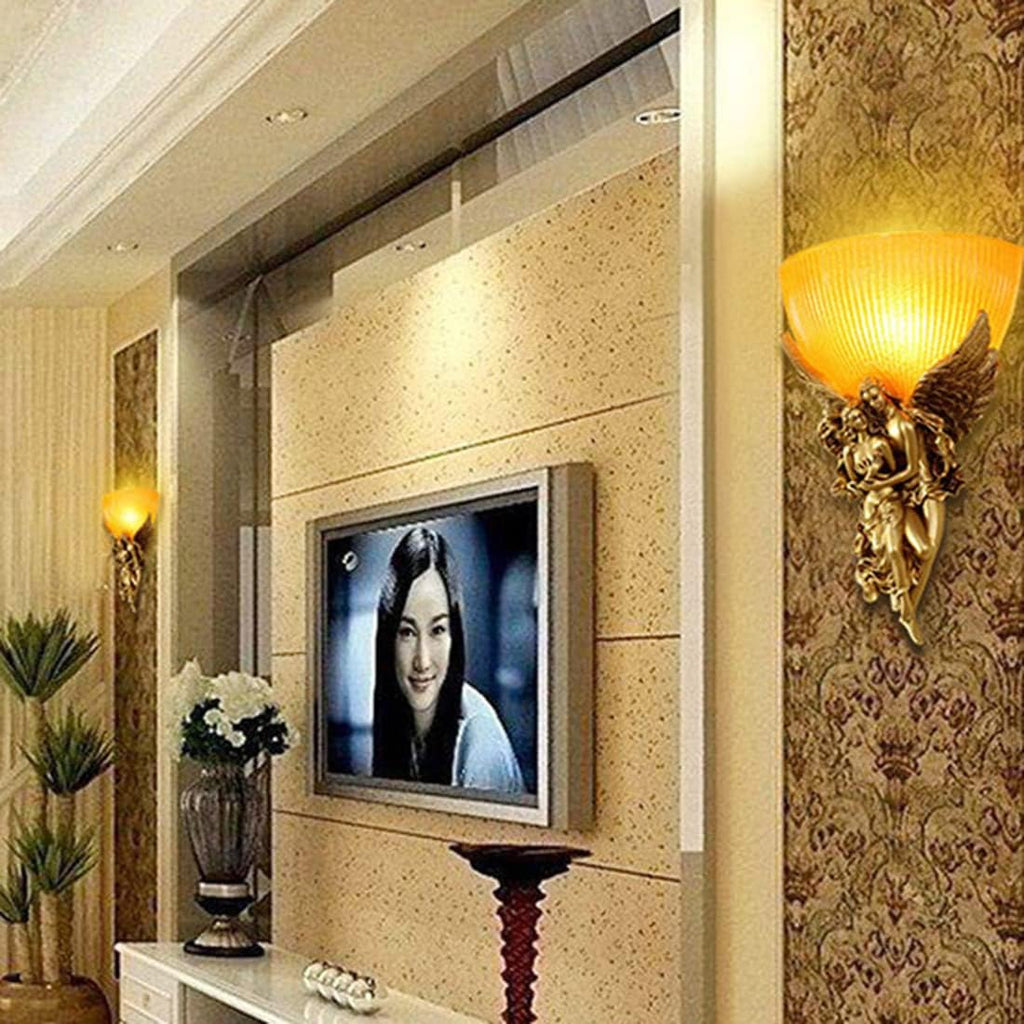 Antique Wall Sconce Light Vintage Sconces with Frosted Glass Shade Gold Angel Shape Design Mid Century Modern Wall Light Unique Resin Finish Indoor Deco Lighting for Living Room Bedroom