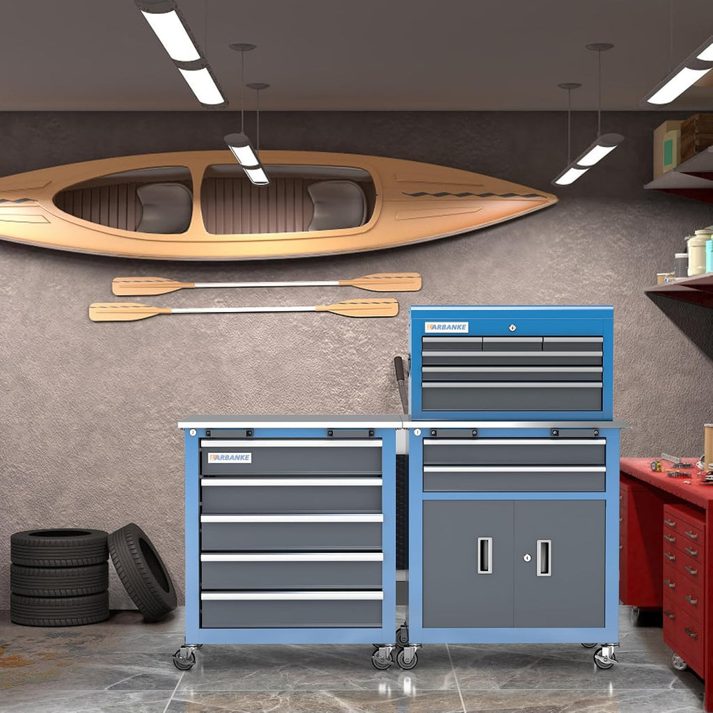 LARBANKE Rolling Tool Chest with Stainless Steel Tabletop,5-Drawer Tool Chest&8-Drawer Tool Box with Connection Buckle,Locking System Storage Cabinet with 360° Brake Swivel Wheels and Foot Pad