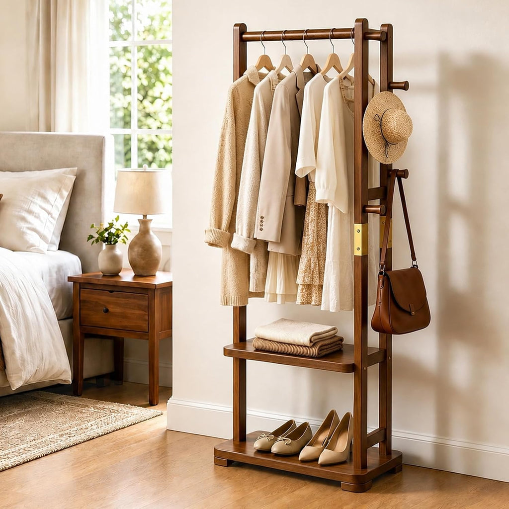 Taitiy Coat Rack Solid Wood Clothes Rack with 2 Shelves & 5 Hooks for Hanging Clothes Garment Wallets Hats, Clothing Rack Coat Rack Freestanding Hall Tree with Storage for Hallway Bedroom Living Room