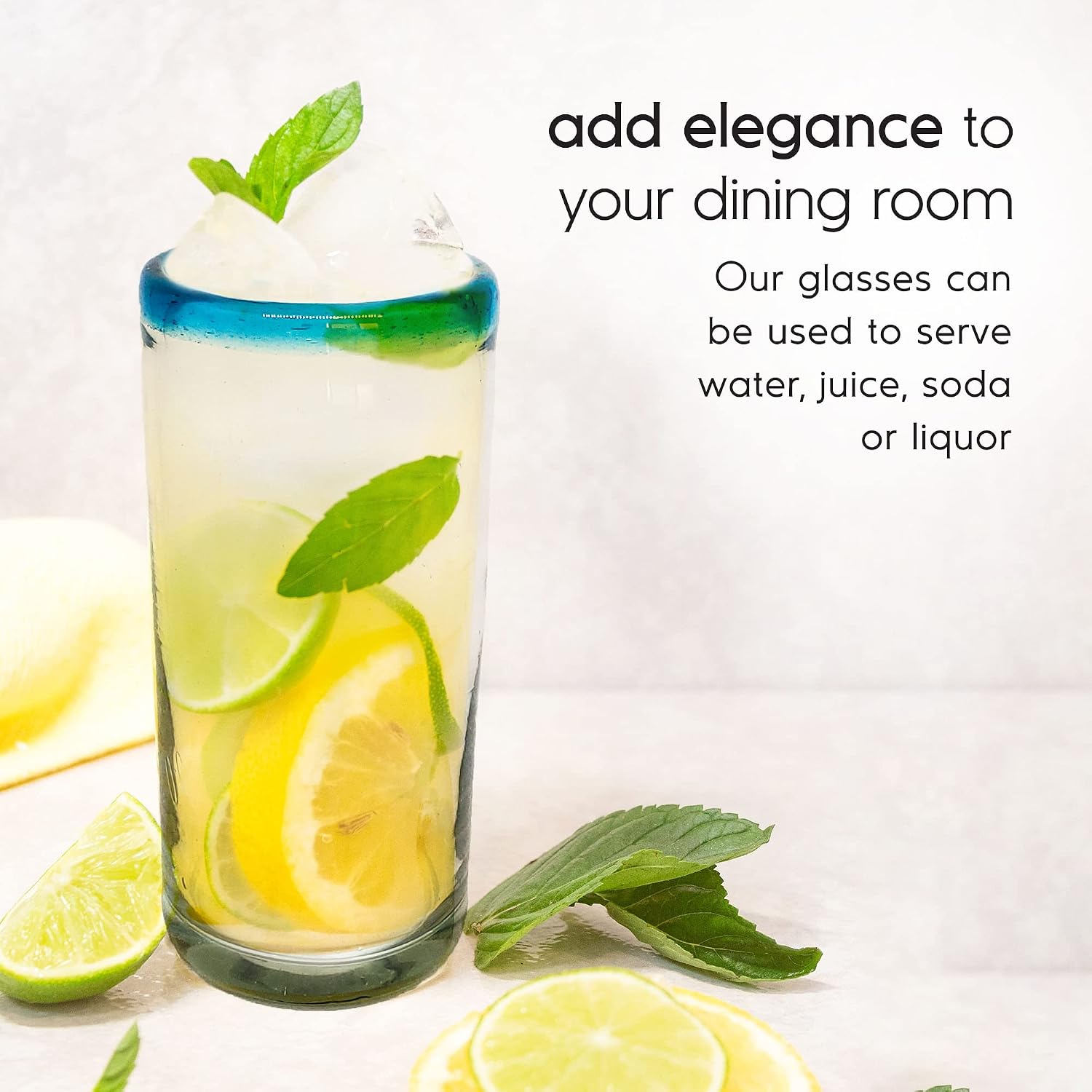 Aqua Blue Rim 20 oz Tall Iced Tea Glasses (set of 6) Mexican Handmade Glassware, Recycled Glass, Lead-free, Toxin-Free (Tall Iced Tea)
