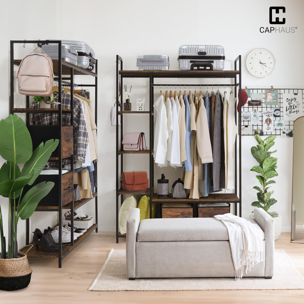 CAPHAUS 979lbs Capacity Garment Rack for Hanging Clothes, Heavy Duty Open Wardrobe w/Hanging Rods & Fabric Drawers, Free Standing Closet Organizer, Metal Closet Rack w/Rustic Oak Wooden Shelves