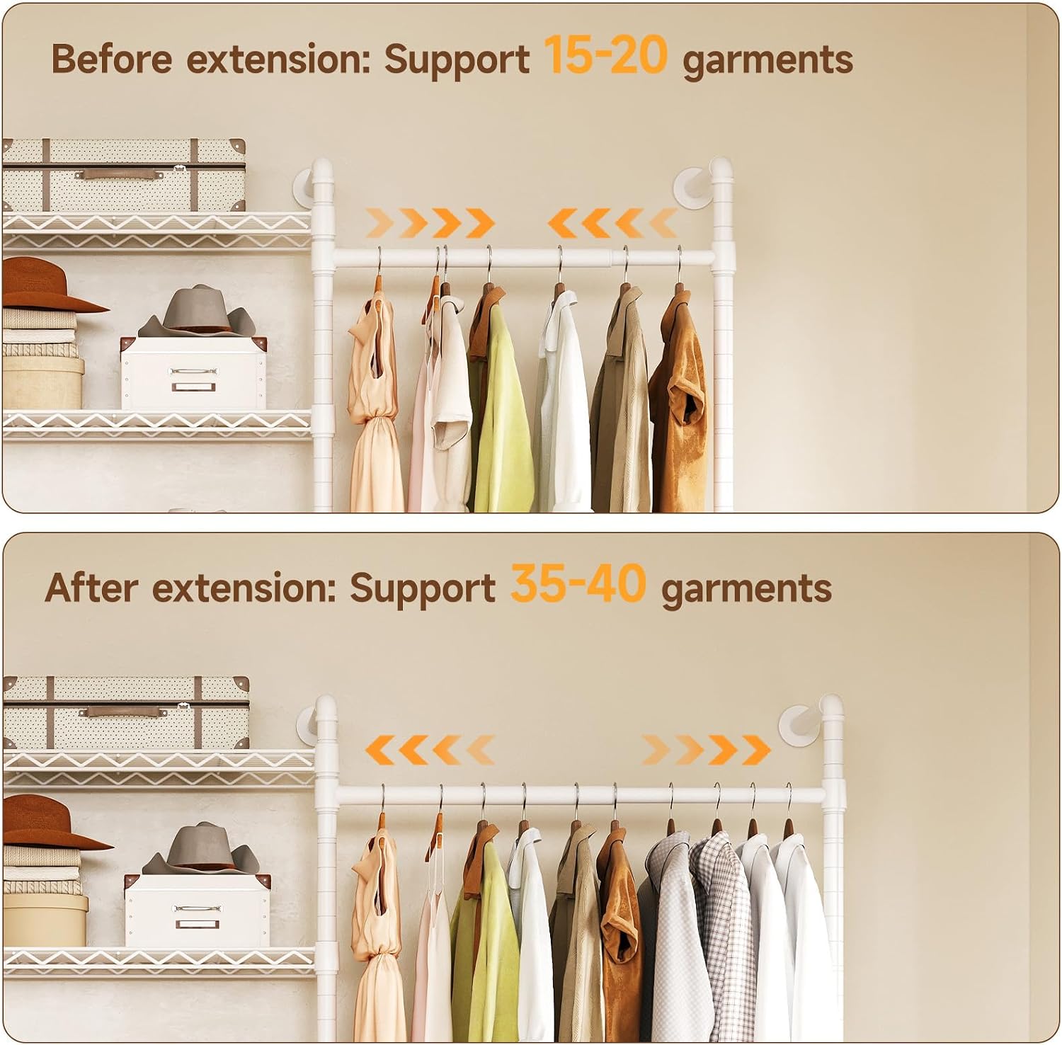 ONBRILL L4 Wall Mounted Industrial Pipe Clothing Rack, Closet Organizer System with 6 Hanging Clothes Rods ( 4 Expandable Rods) & 8 Shelves, Heavy Duty Corner Garment Rack, Large Wardrobe - White