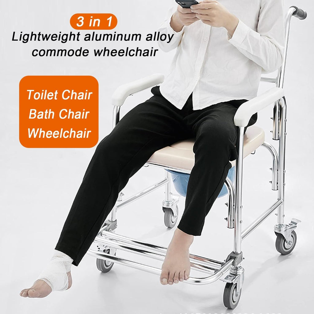 Wheeled Commode Chair for Elderly & Disabled Foldable Shower Toilet Chair with Padded Seat Lockable Casters & Detachable Pot for Convenient Transport & Use