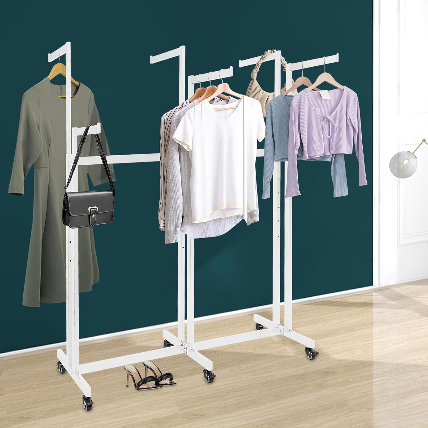 Clothing Display Racks for Retail, Retail Display Racks With Wheels, Floor Standing Metal Garment Rack for Hanging Clothes, Retail Store, Bedroom, Laundry Room. (White)