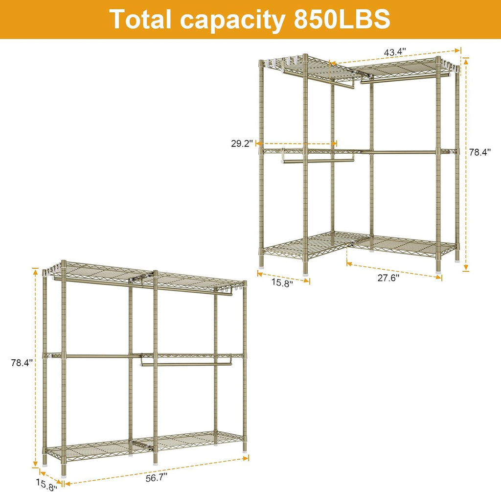 ULIFHOME E15 Garment Rack L Shaped Clothes Rack for Corner，Freestanding Clothing Racks for Hanging Clothes，Heavy Duty Closet Organizer with 4 Hanging Rods & 8 S Hooks，43.4' W x 15.8' D x 78.4' H，Gold
