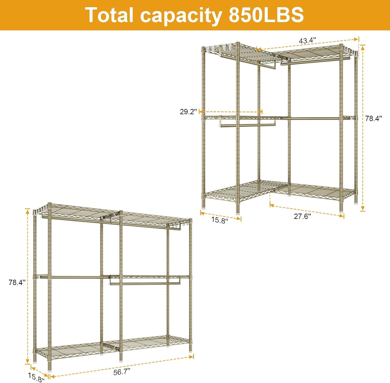 ULIFHOME E15 Garment Rack L Shaped Clothes Rack for Corner，Freestanding Clothing Racks for Hanging Clothes，Heavy Duty Closet Organizer with 4 Hanging Rods & 8 S Hooks，43.4' W x 15.8' D x 78.4' H，Gold