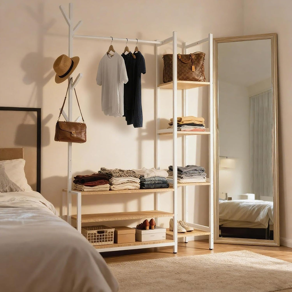 4 in 1 Freestanding Closet Organizer with Coat Rack & Shoes Rack & 5 Side Shelves, Heavy Duty Wood Clothing Rack for Hanging Clothes, Multi-functional Wardrobe Closet for Bedroom, Living Room (White)