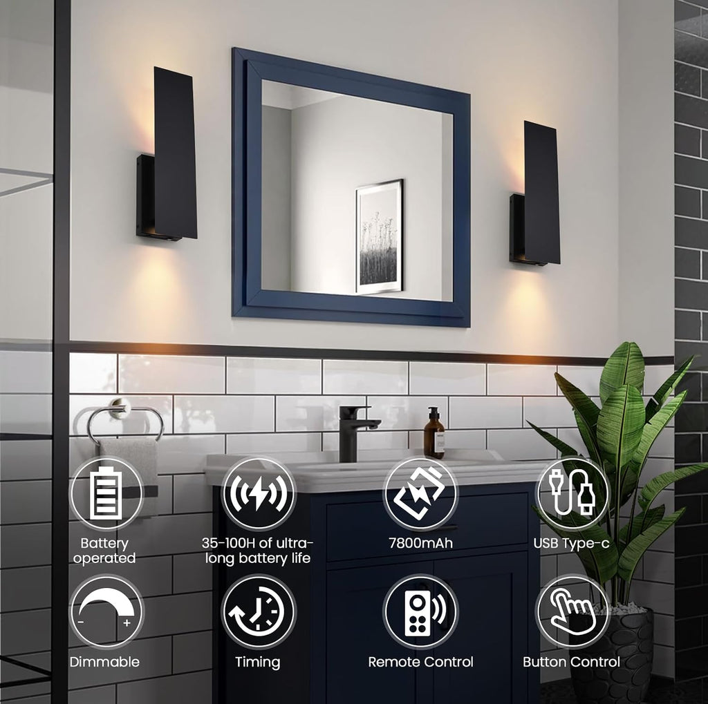 Black Wireless Wall Sconces Set of Two,3000K-6000K Dimmable Battery Operated Wall Sconces with Remote,USB Rechargeable LED Wall Lights for Living Room Bedroom Hallway