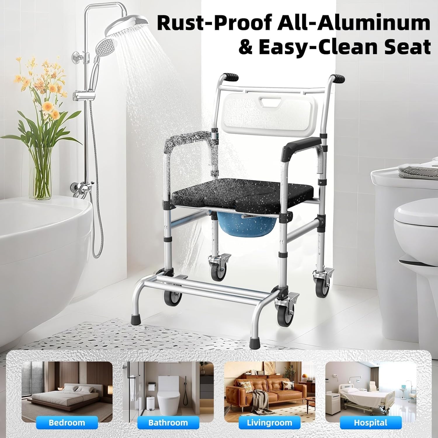 4 in 1 Rolling Bedside Commode Chair w/Wheels for Elderly, Shower Chair w/Handles for Height Raised Toilet Seat for Seniors, Disabled & Pregnant Holds Up to 350 lbs