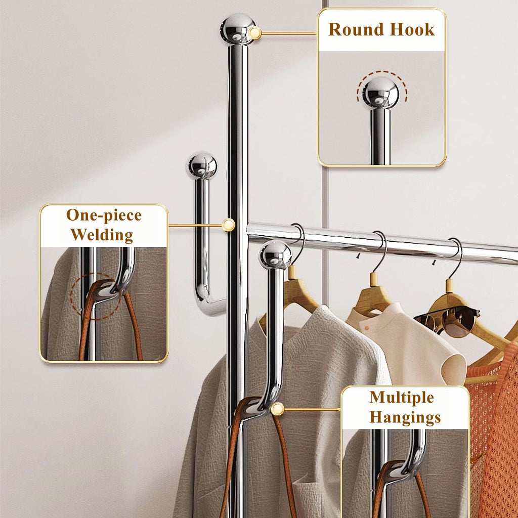 Heavy Duty Rolling Garment Rack with Wheels, Clothes Rack with Leather Storage Bag and Side Hooks, Freestanding Wardrobe Storage Rack Metal Clothing Rack, Brown