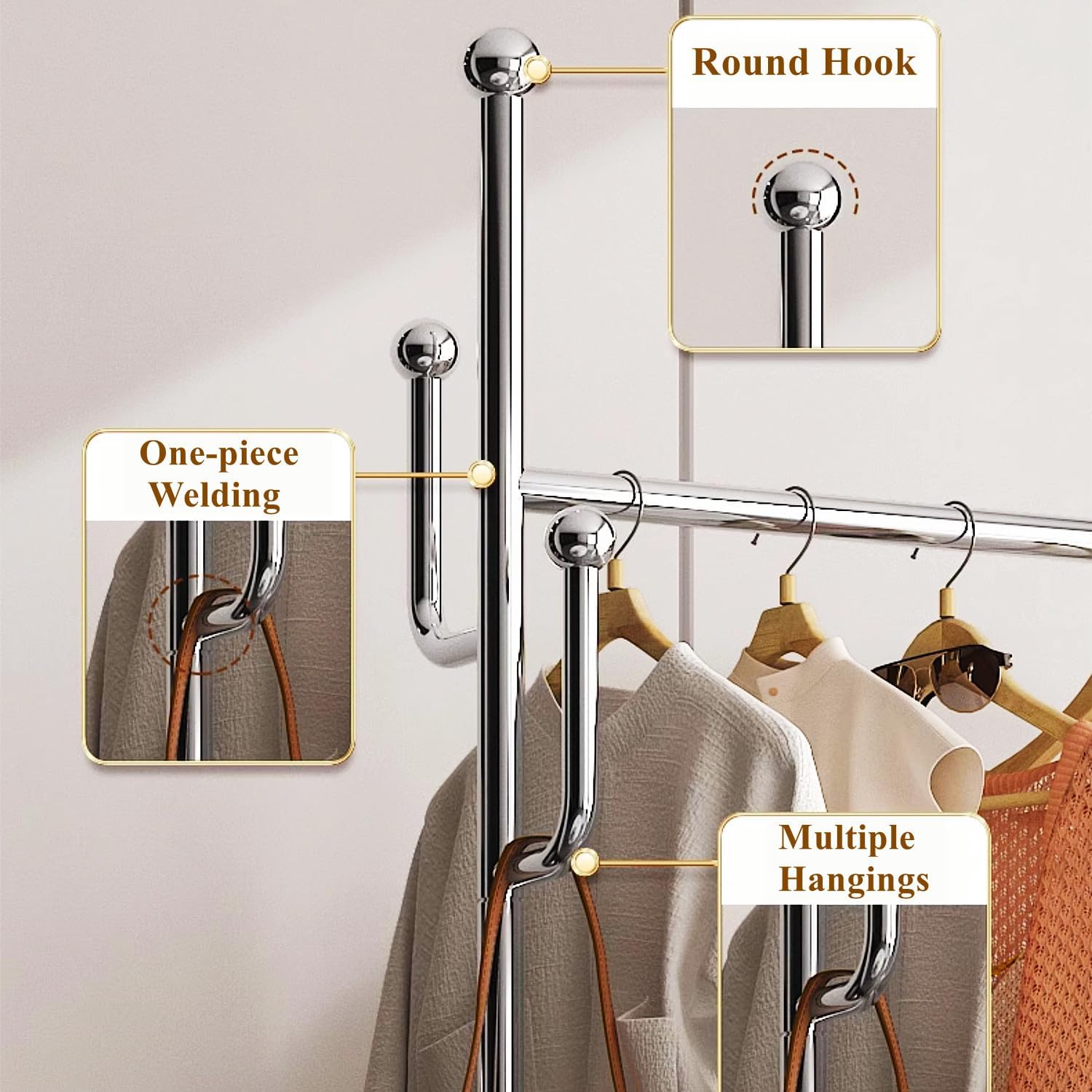 Heavy Duty Rolling Garment Rack with Wheels, Clothes Rack with Leather Storage Bag and Side Hooks, Freestanding Wardrobe Storage Rack Metal Clothing Rack, Brown