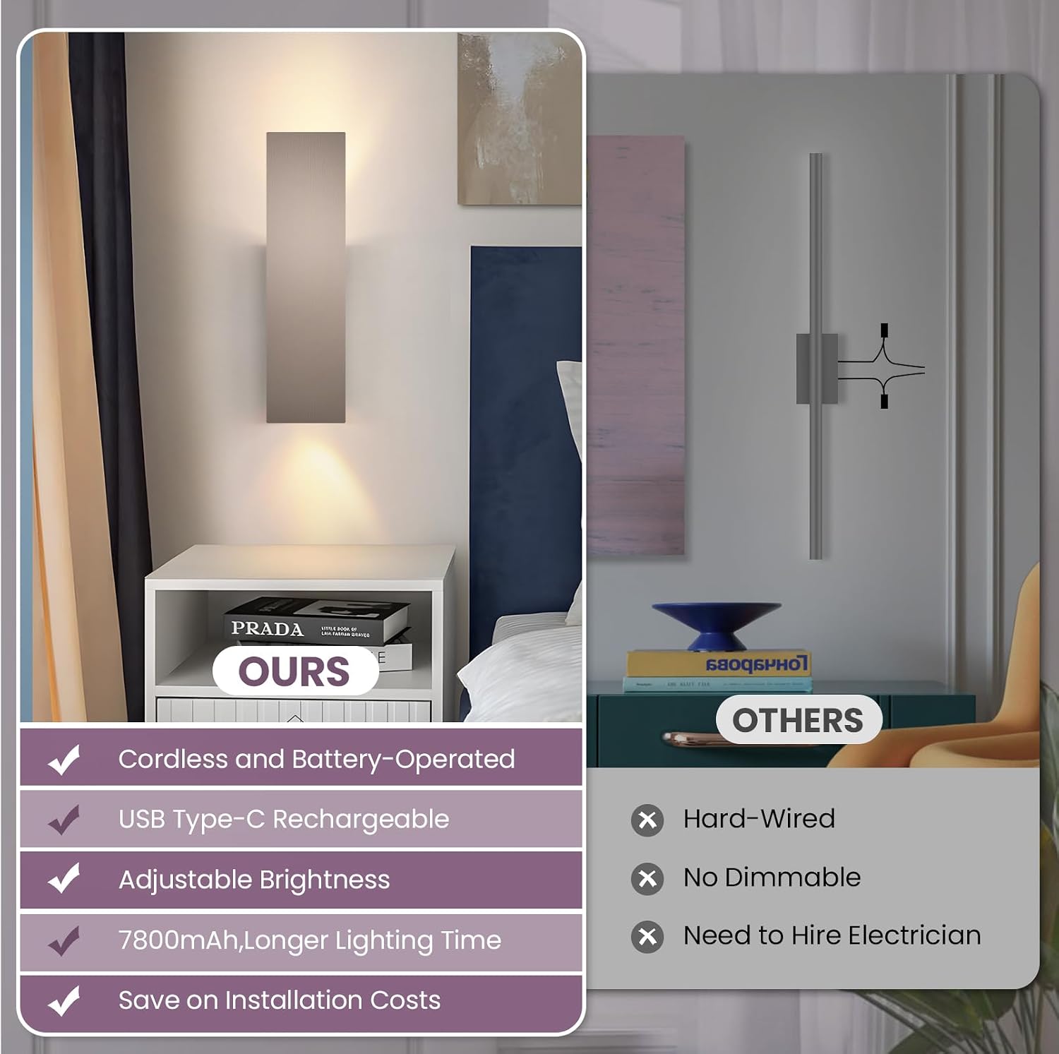 Brushed Nickel Battery Operated Wall Sconces Set of Two,Dimmable Wireless Battery Wall Sconce with Remote,USB Rechargeable LED Wall Lights for Living Room Bedroom Hallway (Brushed Nickel)