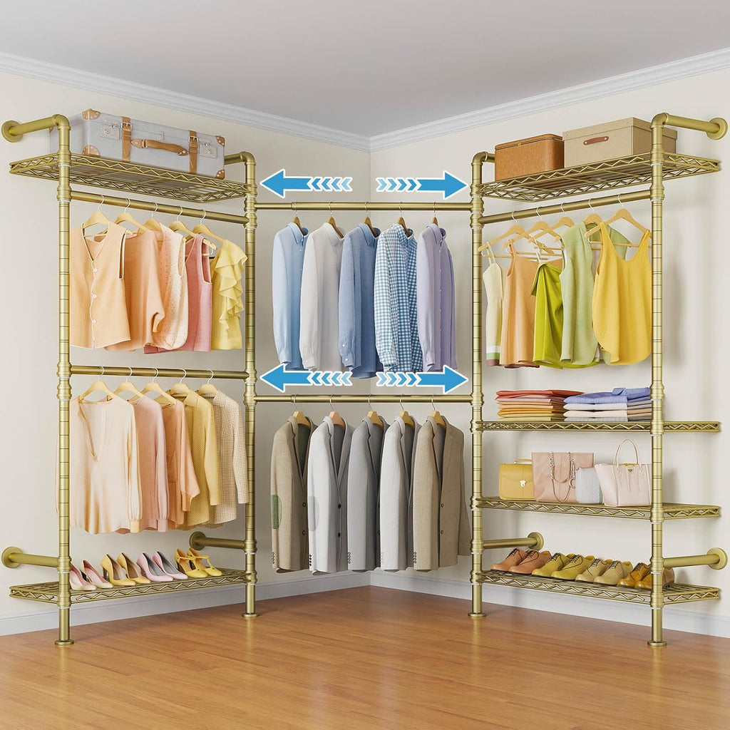 Timate L3 L Shape Gold Heavy Duty Clothes Rack, Industrial Pipe Wall Mounted, Adjustable 6 Shelves, 5 Closet Rods, Space Saving