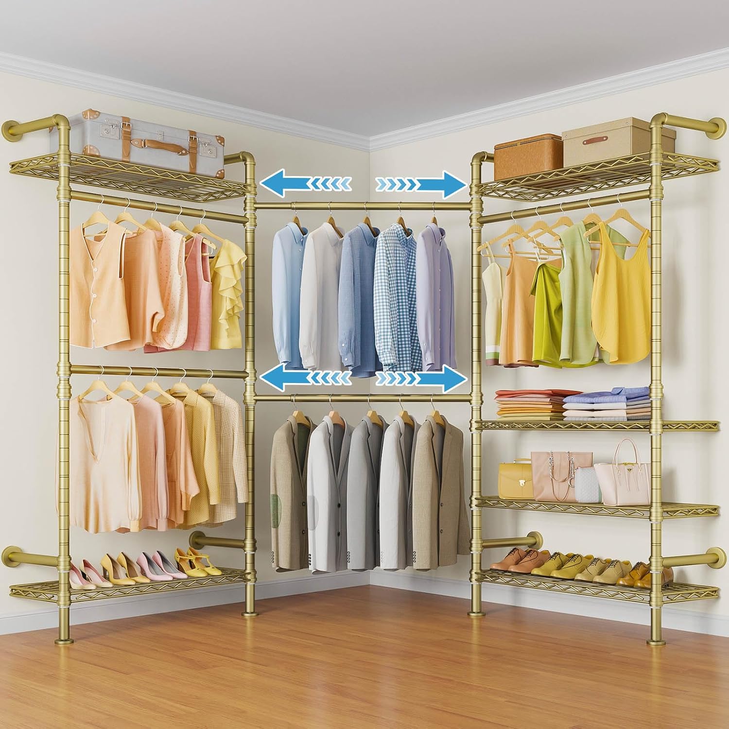 Timate L3 L Shape Gold Heavy Duty Clothes Rack, Industrial Pipe Wall Mounted, Adjustable 6 Shelves, 5 Closet Rods, Space Saving