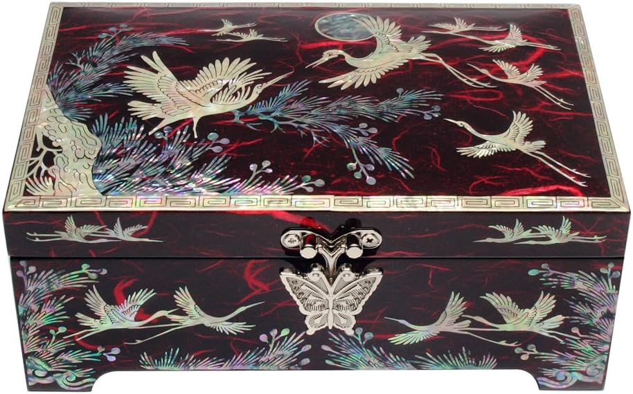 Antique Alive Mother of Pearl Inlay Design Jewelry Box, Wood Jewelry Box, Trinket Case, Keepsake Treasure Chest Box Organizer Holder (Bird Pine)