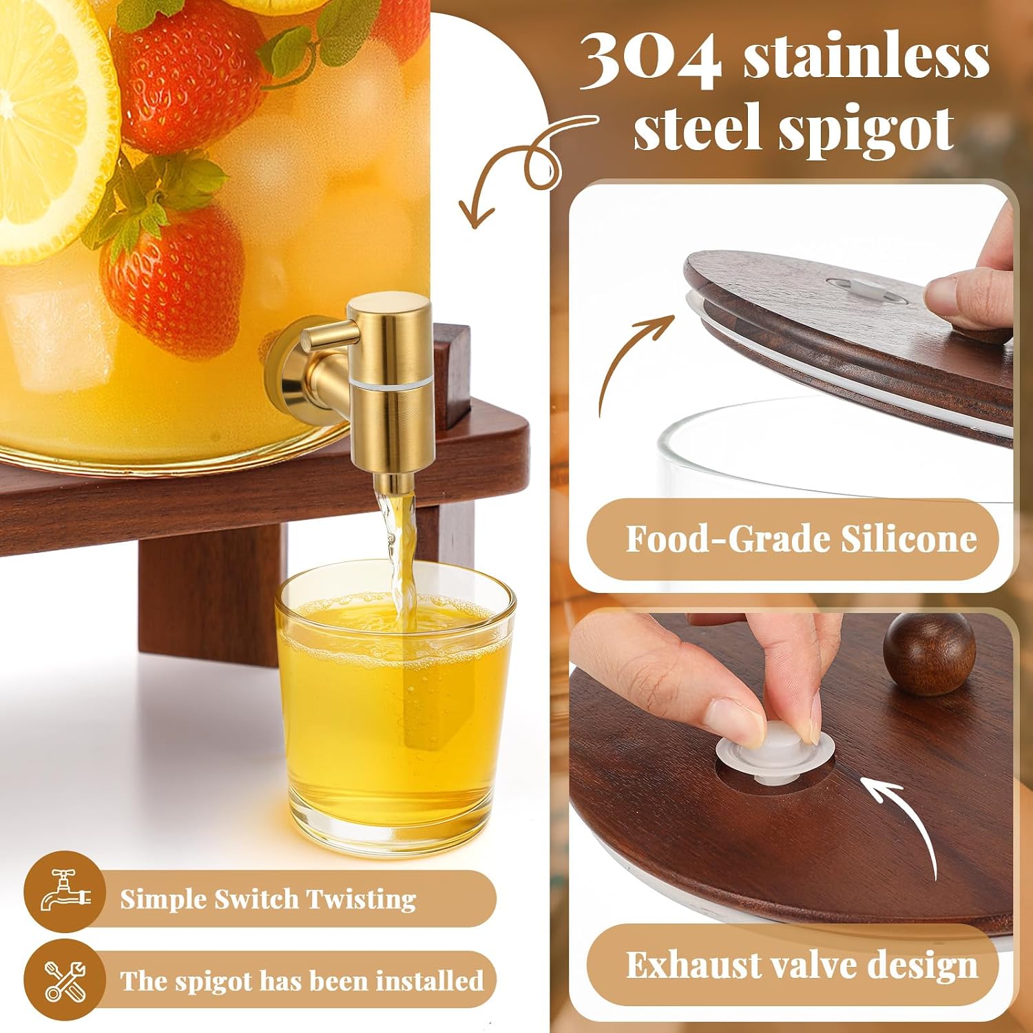 FillTouch 2 Pack 4 Gallon Glass Drink Dispenser with Acacia Wood Stand and Lid, Large Glass Beverage Dispenser with Spigot Perfect for Juice, Tea, Sangria, Lemonade, Weddings, Party, Outdoor Events