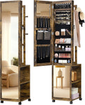 Hzuaneri 8 LEDs Jewelry Cabinet Armoire, 66.9-inch Jewelry Organizer with Garment Rack, Lockable Full-length Mirror with 4 Wheels, Storage Shelves with Hooks, 5-in-1, Toasted Oak JC17007B