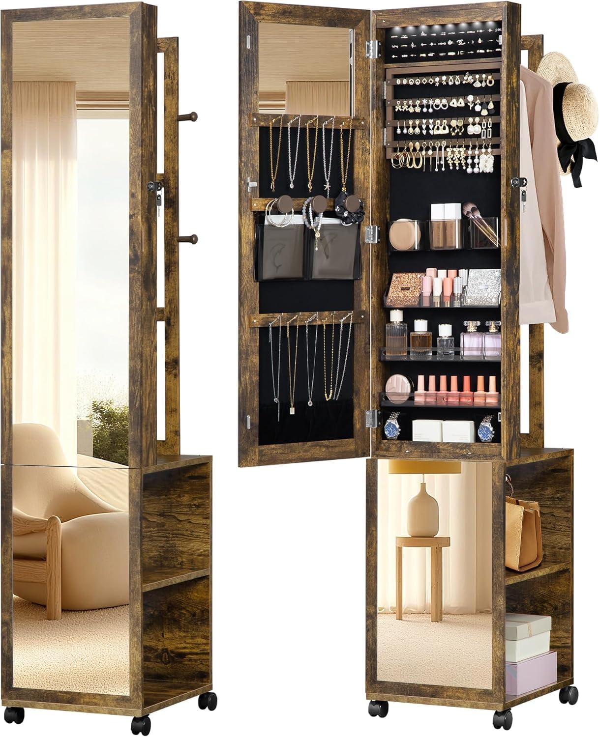 Hzuaneri 8 LEDs Jewelry Cabinet Armoire, 66.9-inch Jewelry Organizer with Garment Rack, Lockable Full-length Mirror with 4 Wheels, Storage Shelves with Hooks, 5-in-1, Toasted Oak JC17007B