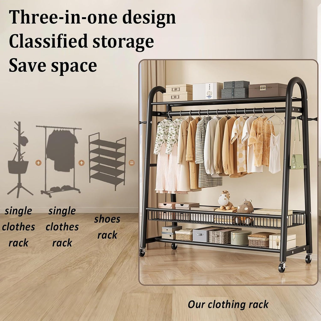 Heavy Duty Clothes Rack, Clothing Racks For Hanging Clothes, With Mesh Shelf, Rolling Garment Rack With Wheels, For Shirts, Coats, Jackets(White,100cm)