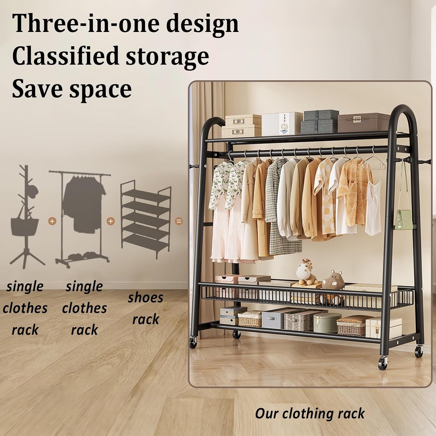 Heavy Duty Clothes Rack, Clothing Racks For Hanging Clothes, With Mesh Shelf, Rolling Garment Rack With Wheels, For Shirts, Coats, Jackets(White,100cm)