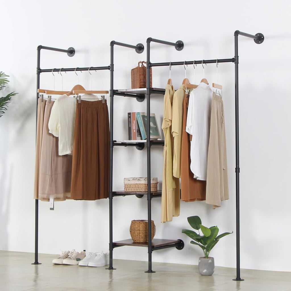 Wall Mounted Industrial Pipe Heavy Duty Clothes Rack, Clothing Rods for Hanging Clothes, Freestanding Clothing Rack with 2 Hang Rods & 4 Shelves, 72.8' W x 17.7' D x 71' H