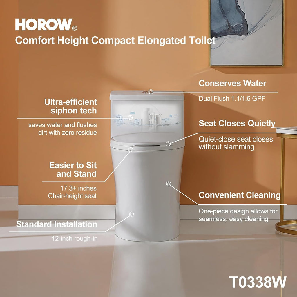 HOROW T0338W Compact One Piece Toilet, ADA Chair Height 17.3', Elongated Bowl, Dual Flush 1.1/1.6 GPF, White, 12 Inch Rough-In