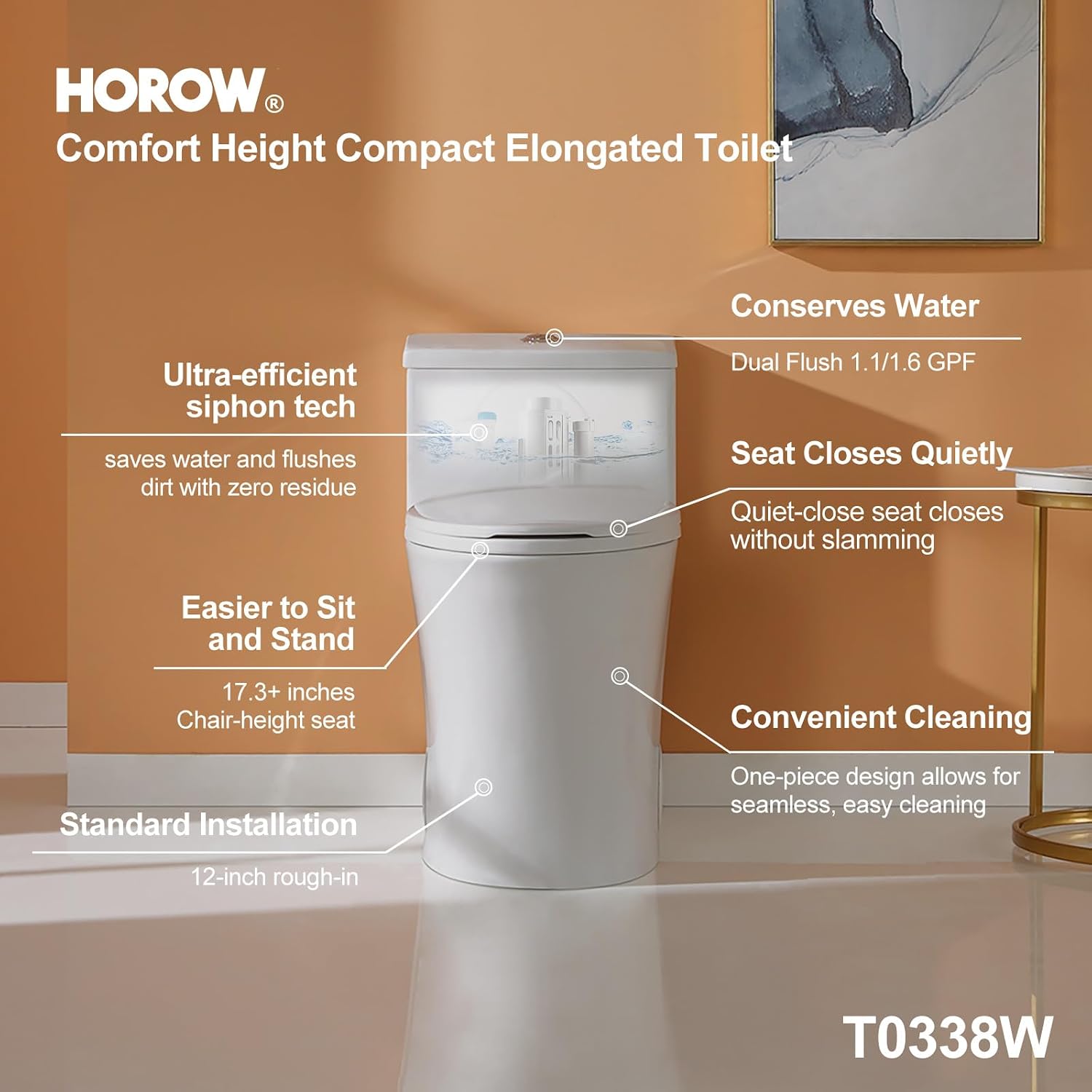 HOROW T0338W Compact One Piece Toilet, ADA Chair Height 17.3', Elongated Bowl, Dual Flush 1.1/1.6 GPF, White, 12 Inch Rough-In