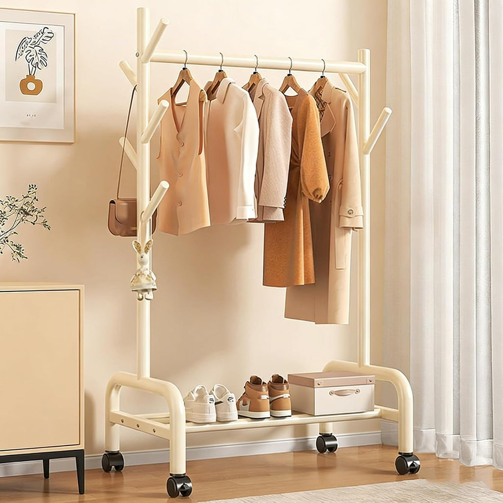 Heavy-Duty Clothes Rack,Rolling Garment Racks With Wheels,Hanging Storage Racks,Freestanding Metal Coat Organizer With Branch Hooks & Bottom Shelf,for Bedroom/Living Room(White,80cm(31.5in))