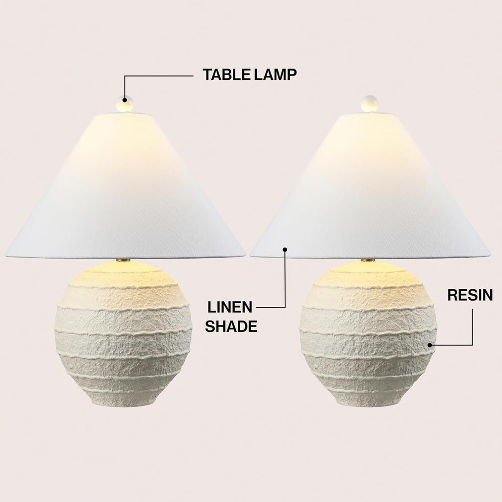 JONATHAN Y 21' Antique White Coastal Cottage Textured Resin Table Lamp Set of 2, Farmhouse Ridged Nightstand Lamps for Living Room Bedroom, White Linen Shade, LED Bulbs JYL9205A-SET2