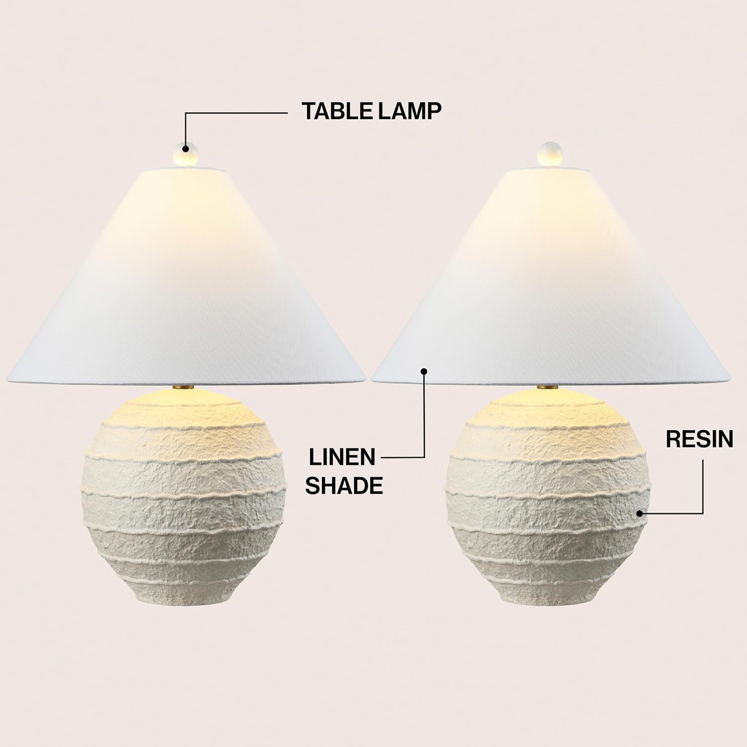 JONATHAN Y 21' Antique White Coastal Cottage Textured Resin Table Lamp Set of 2, Farmhouse Ridged Nightstand Lamps for Living Room Bedroom, White Linen Shade, LED Bulbs JYL9205A-SET2