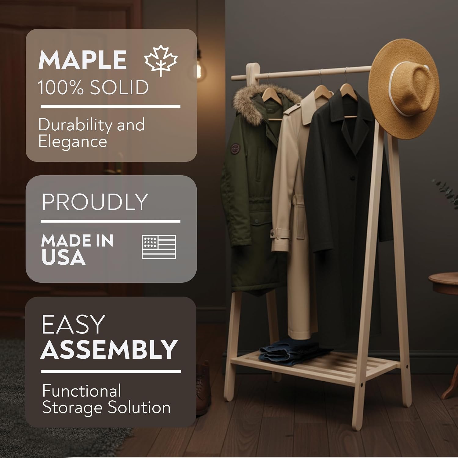 Pennsylvania Woodworks Handcrafted Maple Garment Rack - Sleek & Stylish Clothing Storage, Home Organization, Boutique Display, Coat Rack, Laundry Room Decor - Made in the USA (Large)