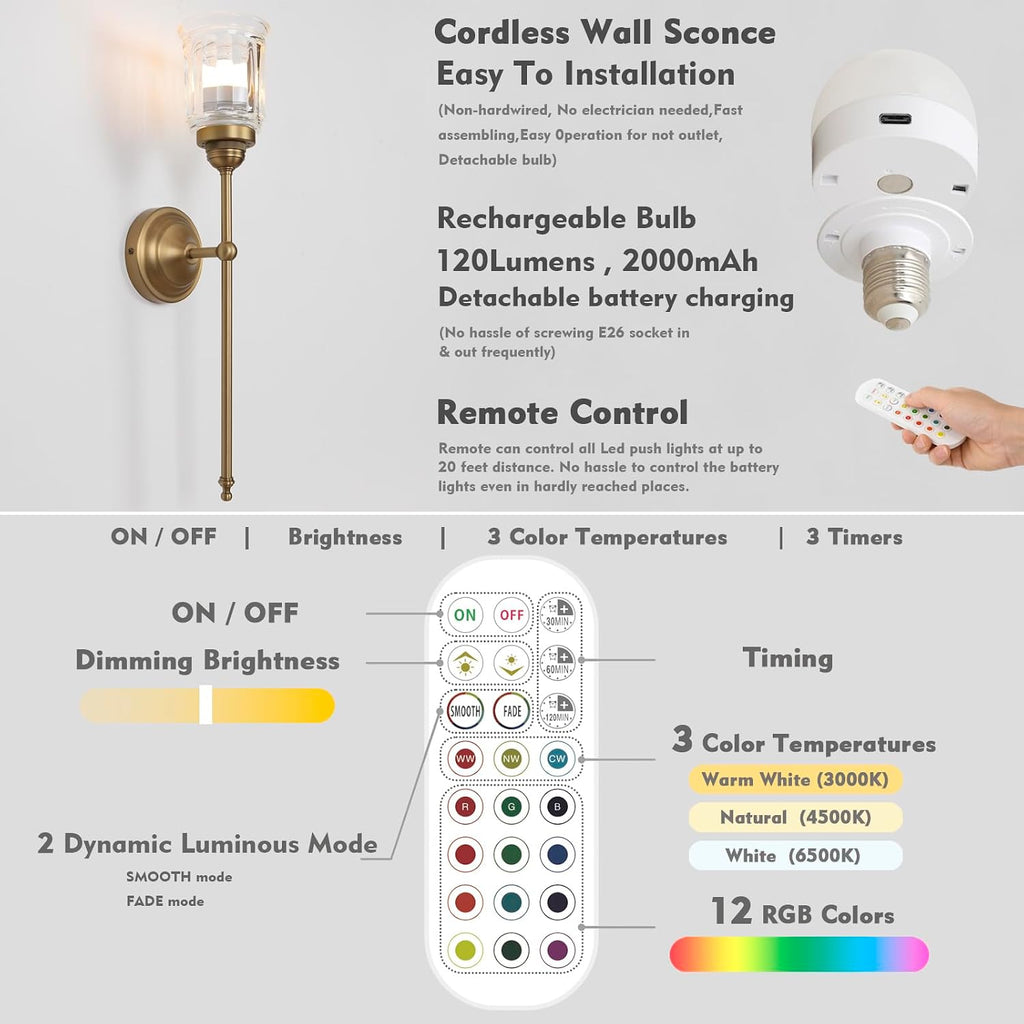 HEQIQEH Vintage Rechargeable Battery Operated Wall Sconces Set of 2 with Clear Fringe Glass Shade, Dimmable Cordless Wall Mounted Lamp Fixtures with Remote Control for Living Room Bedroom Stairs