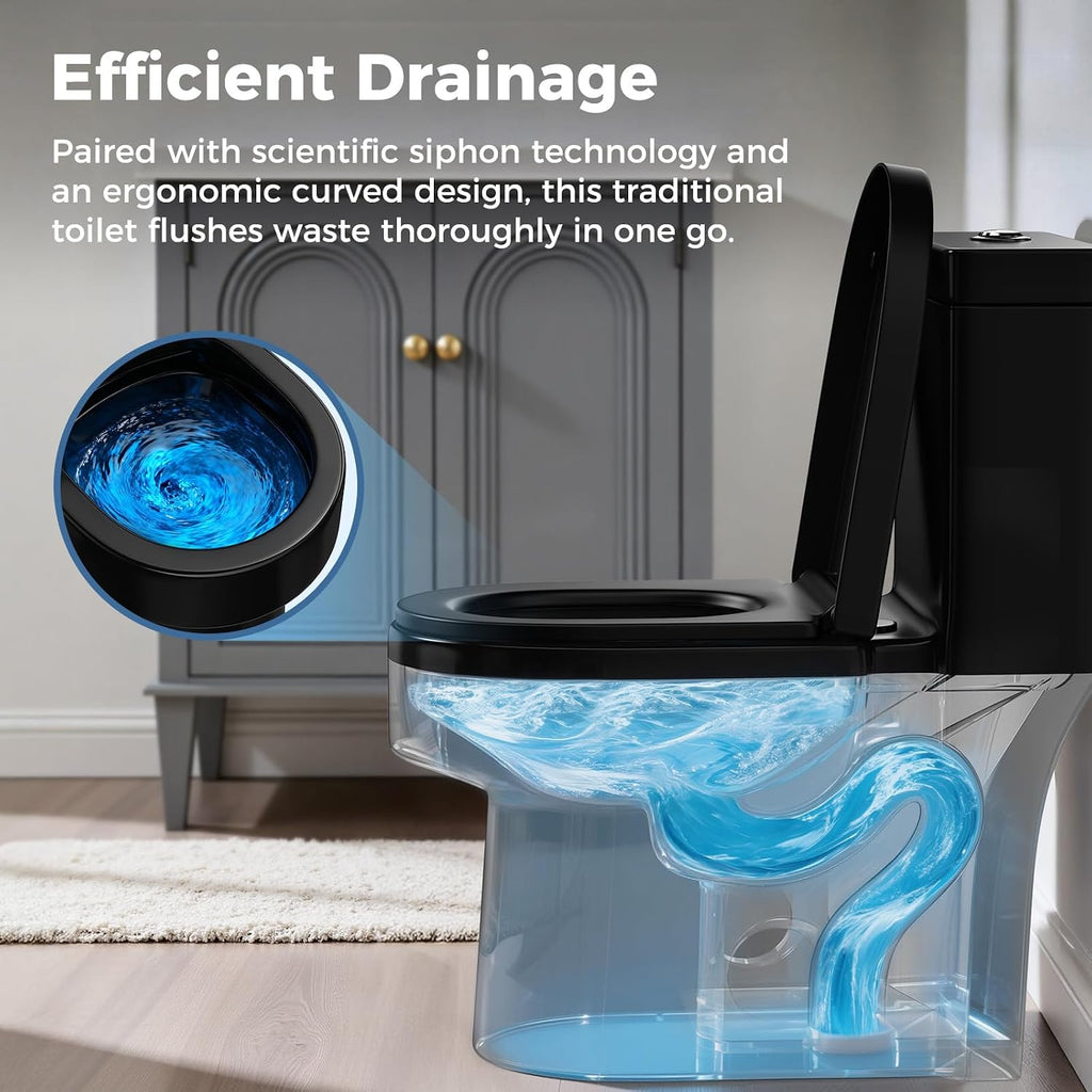 Compact Black One Piece Toilet with Soft-close Seat Lid, Power Dual Flush 1.2/1.85 GPF, Standard White Toilet Bowl, Space-saving Design For Limited Layouts,12'' Rough-in