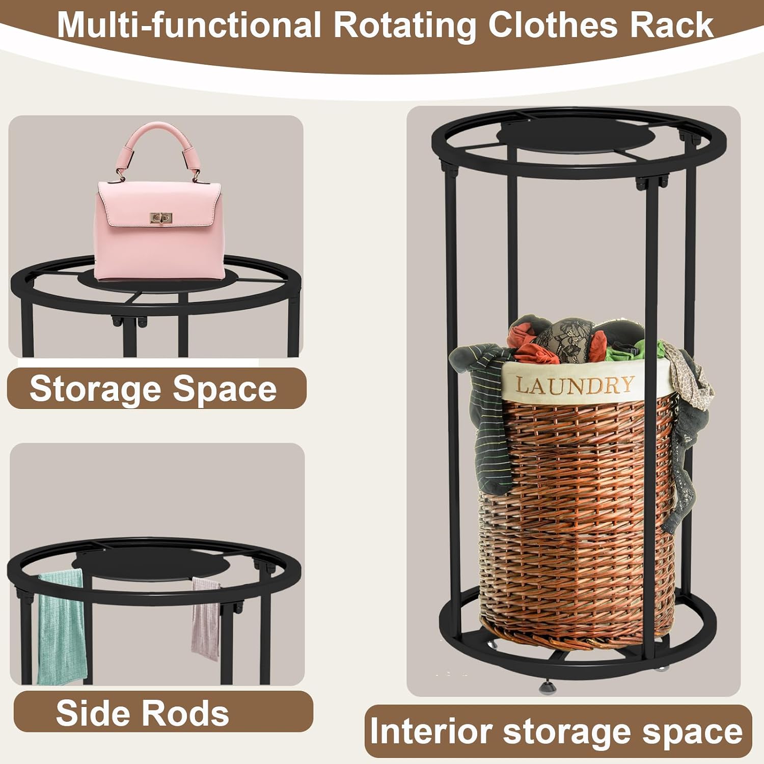 Rotatable Round Garment Display Rack, Floor-Standing Double Space Multi-Purpose Metal Shelf for Clothes Storage, Commercial Clothing Organizer in Retail Boutiques (Black, 27.6'x 51.2')