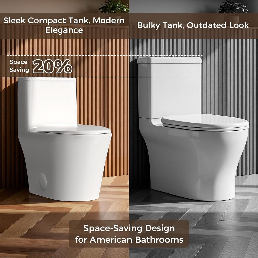Modern One Piece Toilet,Dual Flush 0.87/1.45 GPF Toilet with Quiet Soft Close Seat,Minimalist Space-saving Design, Standard 12' Rough-In,Easy Clean Ceramic Bowl, White Finish
