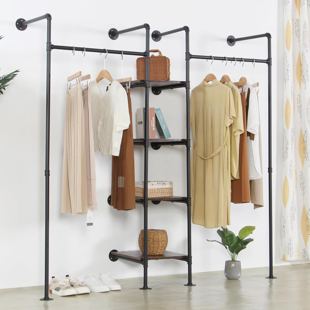 Wall Mounted Industrial Pipe Heavy Duty Clothes Rack, Clothing Rods for Hanging Clothes, Freestanding Clothing Rack with 2 Hang Rods & 4 Shelves, 72.8' W x 17.7' D x 71' H