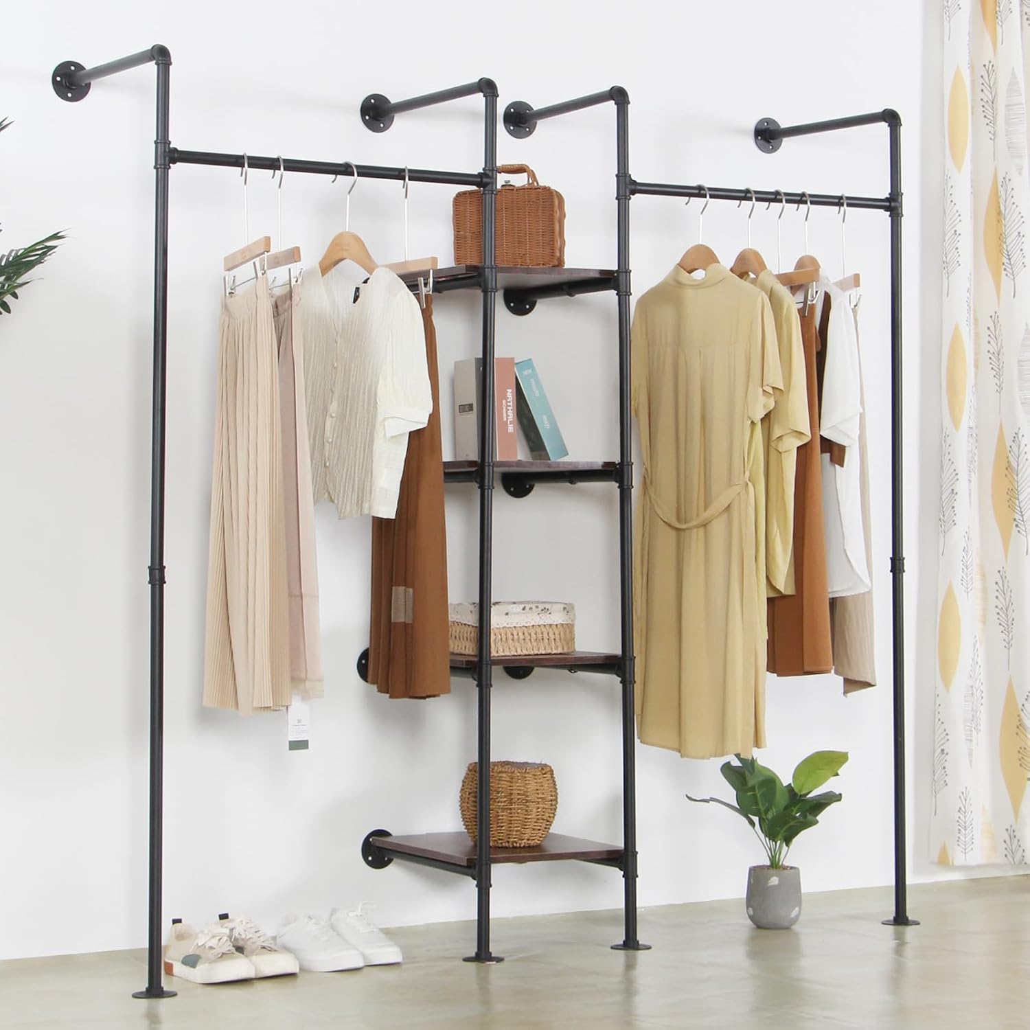 Wall Mounted Industrial Pipe Heavy Duty Clothes Rack, Clothing Rods for Hanging Clothes, Freestanding Clothing Rack with 2 Hang Rods & 4 Shelves, 72.8' W x 17.7' D x 71' H