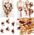 Ling's moment Wedding Artificial Flowers Package, Bridal Bouquet, Bridesmaid Bouquets, Boutonniere for Men, Rose Petals.Terracotta Orange