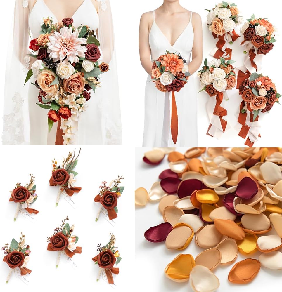 Ling's moment Wedding Artificial Flowers Package, Bridal Bouquet, Bridesmaid Bouquets, Boutonniere for Men, Rose Petals.Terracotta Orange