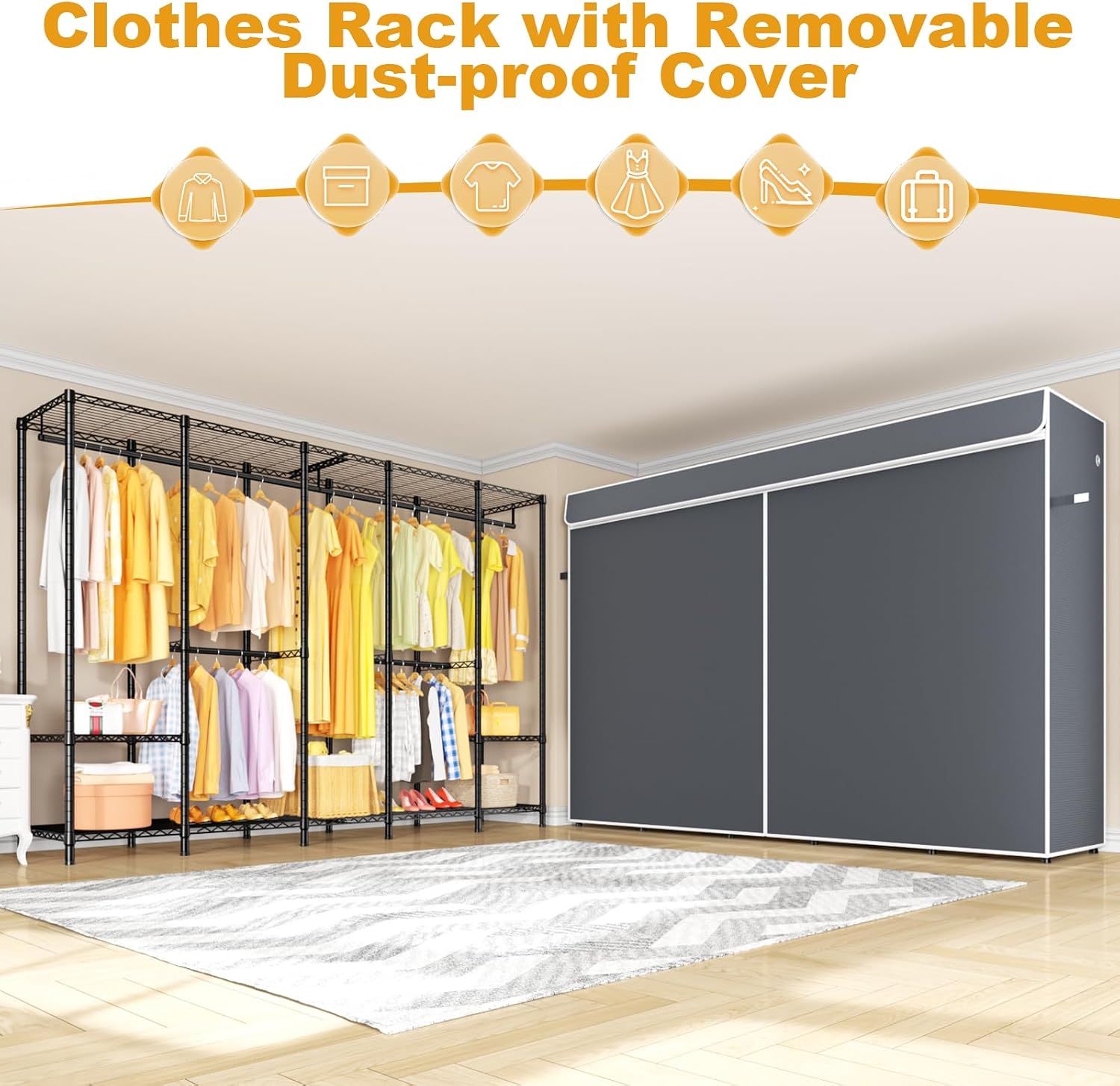 ULIFHOME H50C Extra Large Clothes Rack with Cover, Freestanding Portable Closet, Covered Clothing Racks for Hanging Clothes, Heavy Duty Garment Rack, Wardrobe Closet with Gray Cover Max Load 1350 Lbs