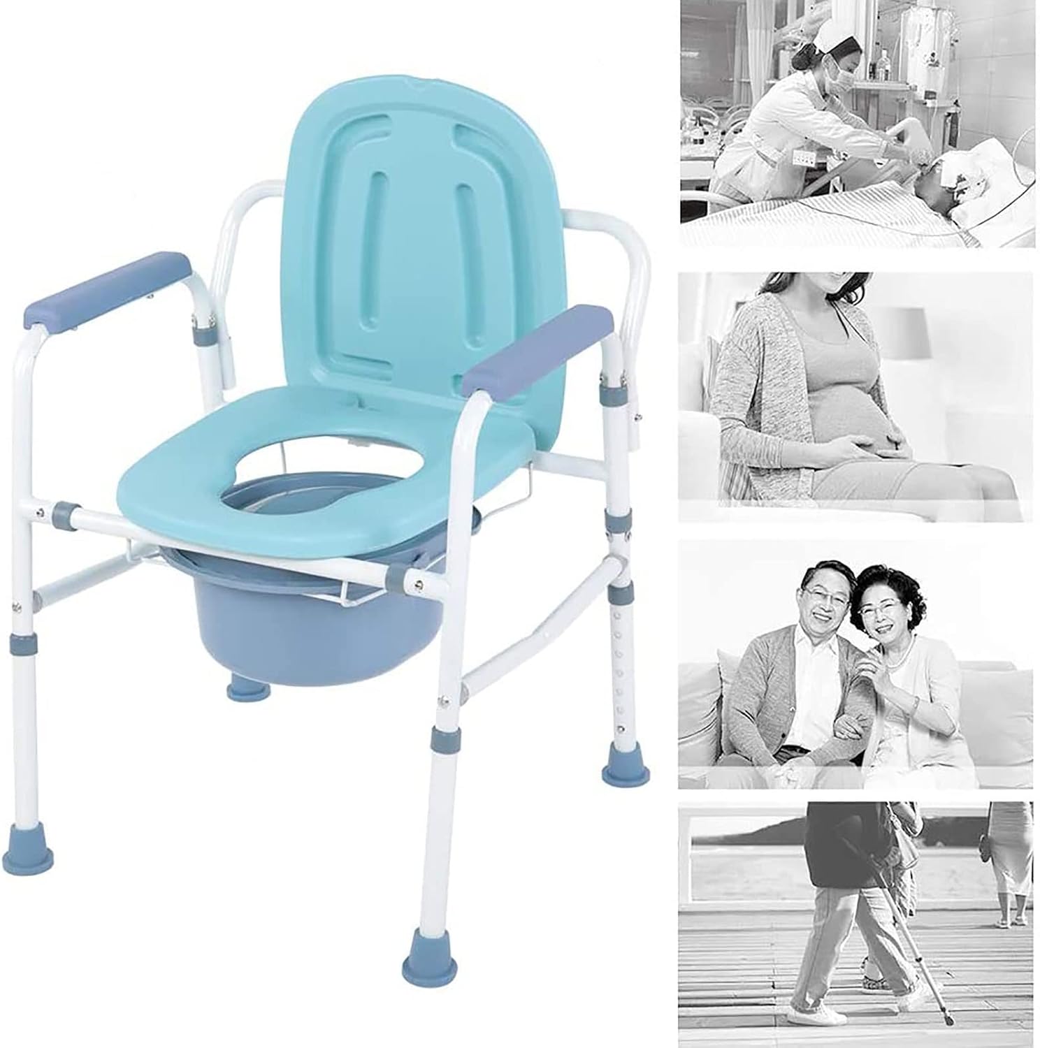 Commode Chair Portable Bedside Commode Chair, Folding Commode Seat,Height Adjustable Heavy-Duty Steel Toilet Chair,for Pregnant Women and Disabled Bat