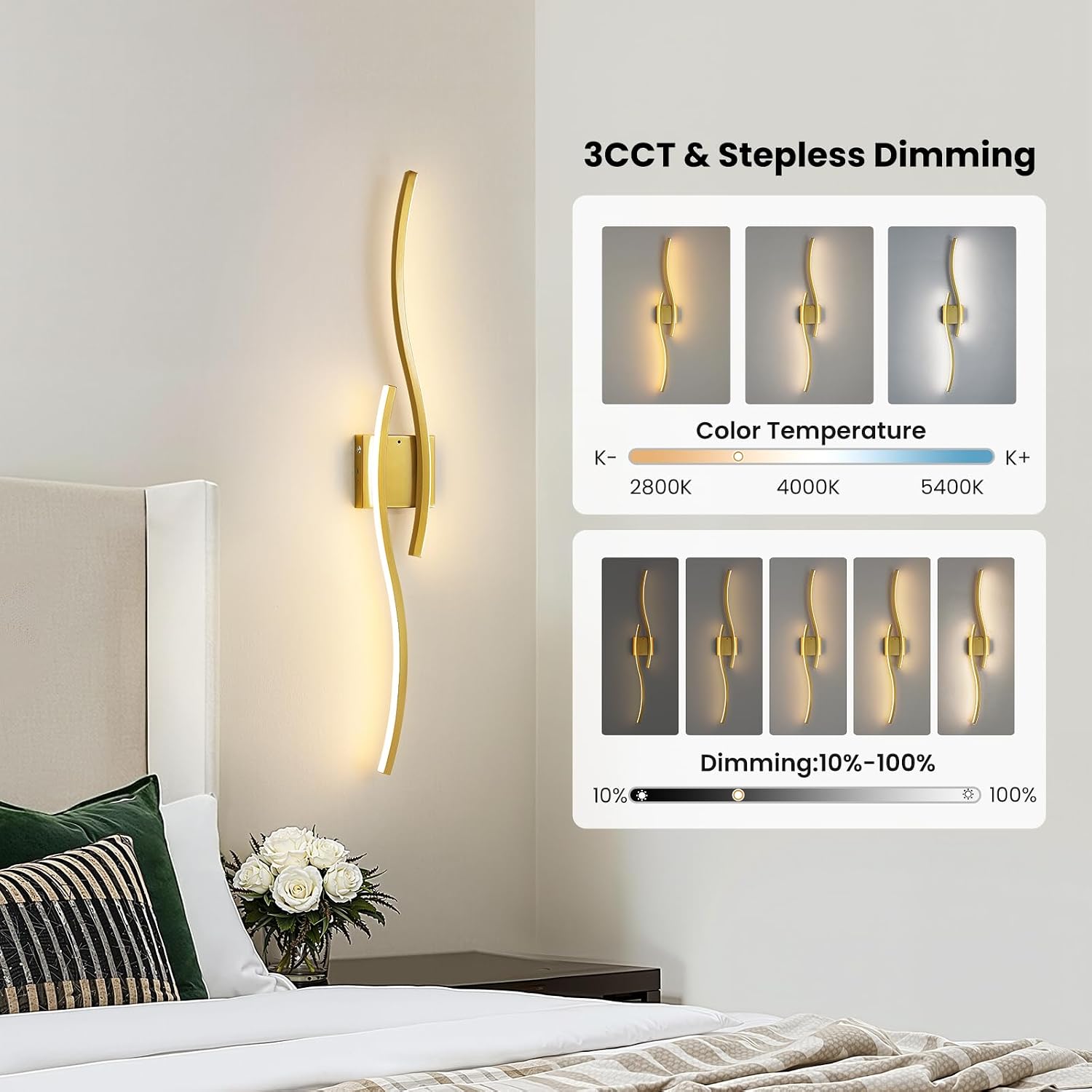Gold Battery Operated Wall Sconces: 39.3 Inch Rechargeable Wall Sconce Set of 2 with Remote Control/3 Colors/10-100% Dimming/Timer Modern LED Wall Light for Bedroom Living Room Hallway Bathroom, 2 Pcs