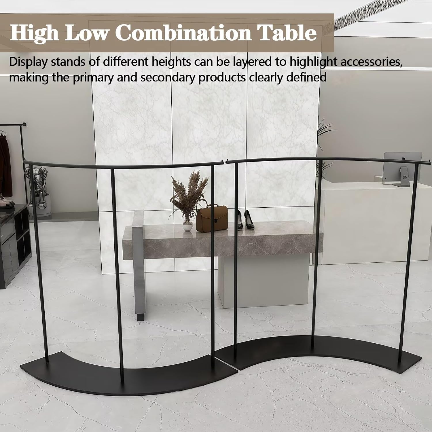 2-Piece Black Retail Clothing Rack Set - Sturdy Metal Display Garment Rack with Curved Modern Minimalist Design, for Clothing Store